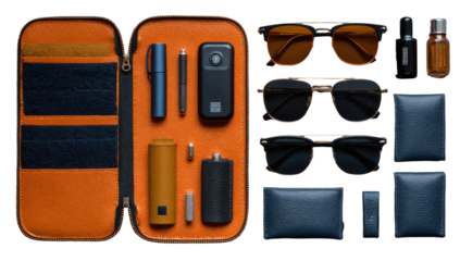Organized leather travel case filled with assorted accessories.  Zipped closure, pockets, and compartments.  Includes sunglasses, pens, small tools, and other items.  Top-down view
