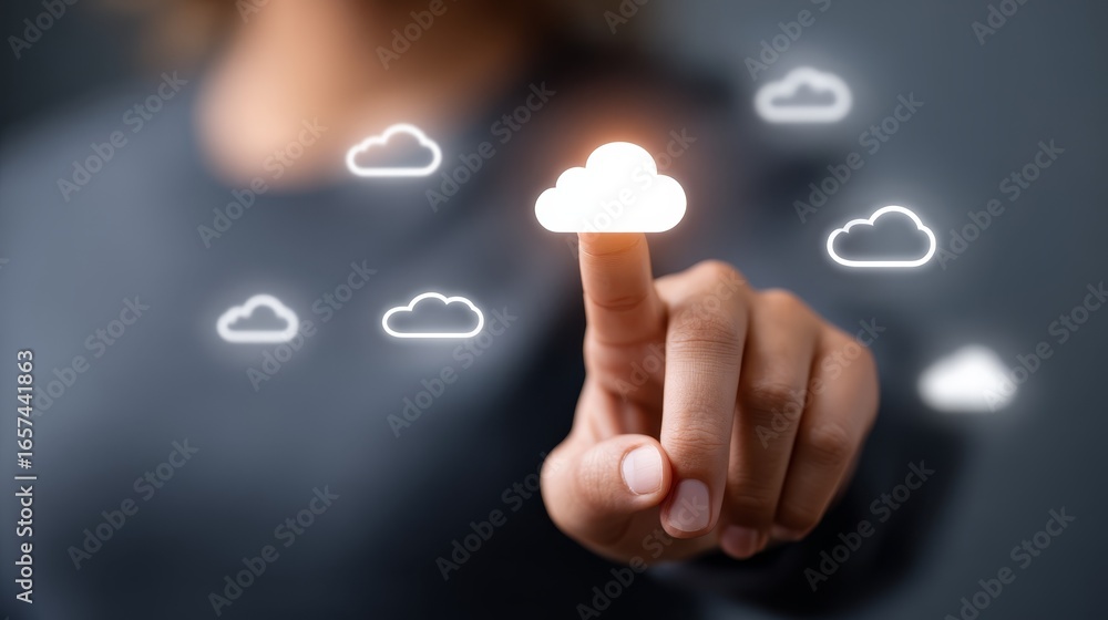 Poster a person's hand is shown pressing a digital cloud computing button on a futuristic user interface sc