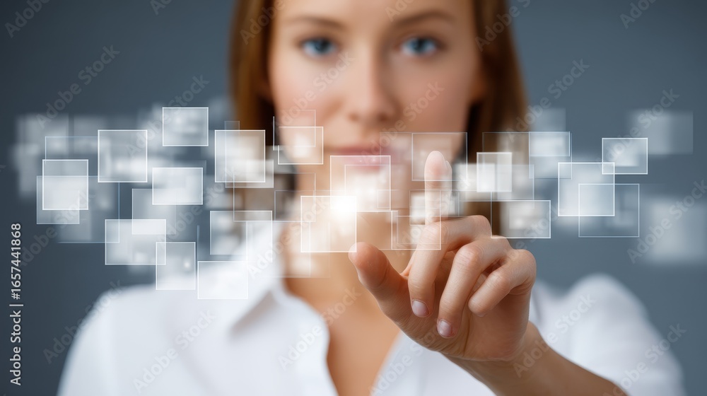 Poster close up of a female hand with manicured nails interacting with a modern digital interface pressing 