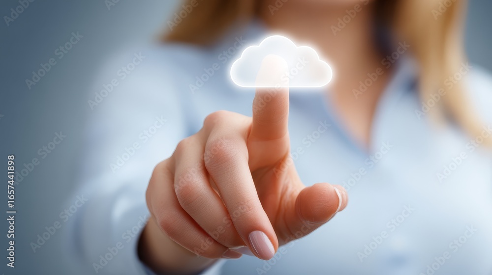 Poster professional businesswoman pointing at a floating cloud computing icon symbolizing data storage netw