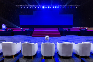 Empty chairs for audience in the conference hall or seminar meeting, business and education concept