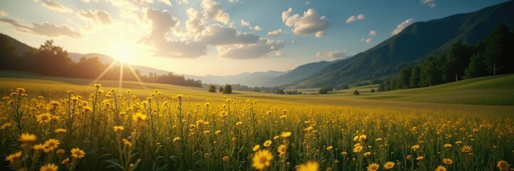 A vast field of wildflowers at sunset, nestled in a valley with mountains in the background.