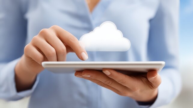 Professional business woman holding a modern digital tablet showcasing cloud computing technology symbolizing global network connectivity data storage solutions and innovative services.