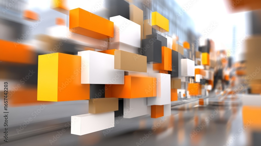 Poster a visually striking abstract geometric background with a random arrangement of orange and white cube