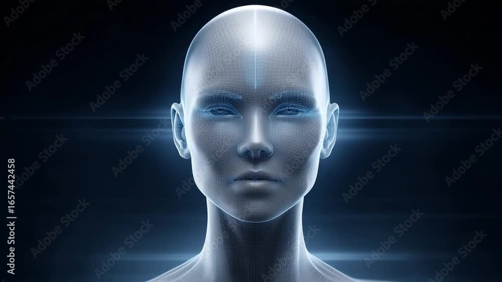 Poster futuristic human face digital mesh glowing lines technology loop concepts dark background advanced a