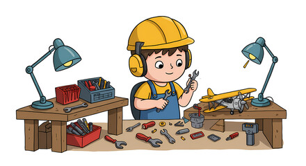 Child Boy Wearing Safety Helmet Working on Model Airplane in Workshop