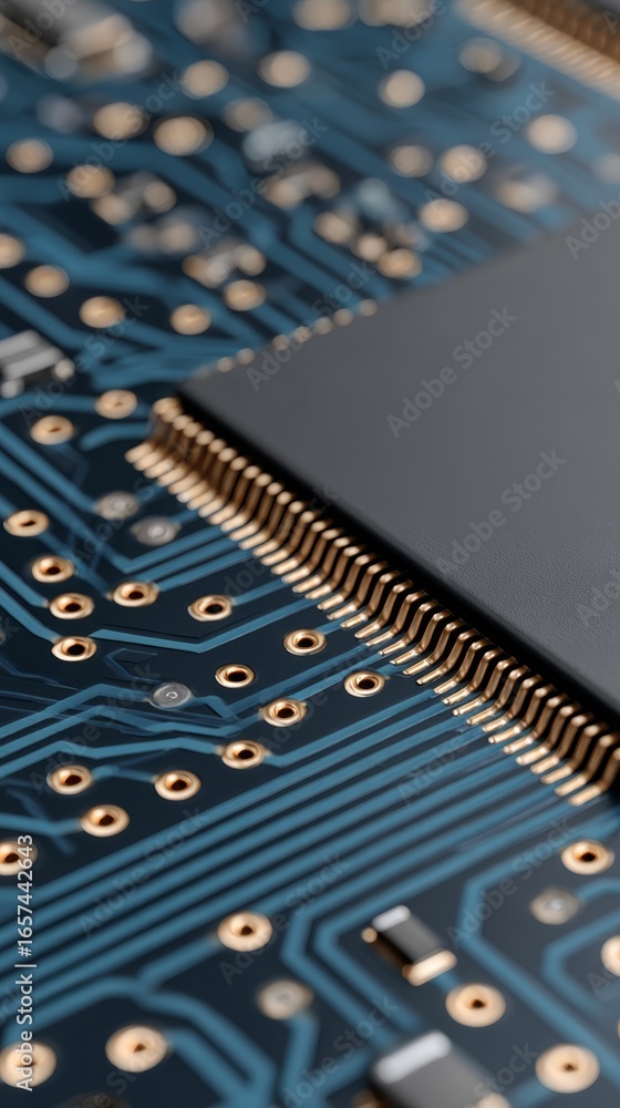 Poster detailed macro photograph of a complex green printed circuit board with a central processing unit mi