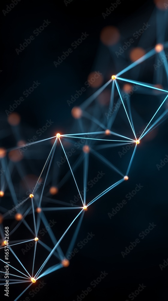 Poster intricate digital web of interconnected nodes and glowing lines forming a complex global network str