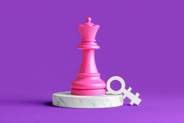 Pink queen chess piece stands proudly beside female symbol