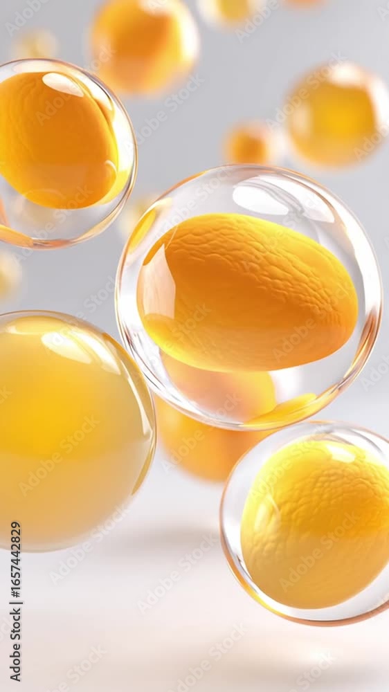 Poster golden spheres and yellow oil droplets float in smooth, transparent bubbles creating dynamic, abstra