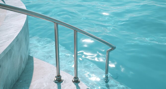 Pool steps and railing, turquoise water