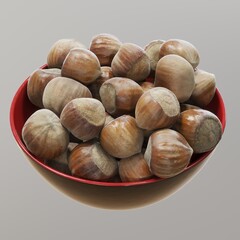 A bowl filled with raw hazelnuts.