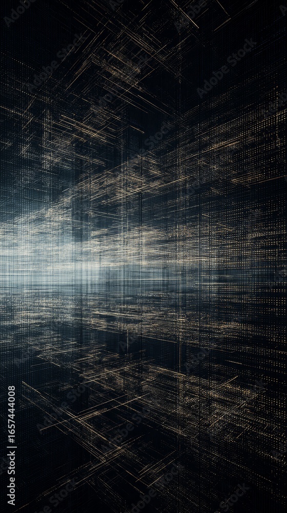 Poster abstract digital artwork featuring a complex network of intersecting white lines on a solid black ba