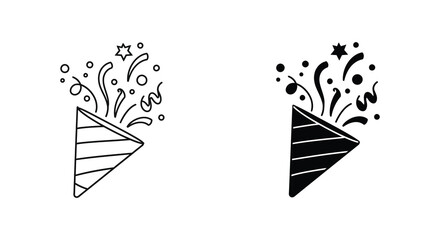 Party popper icons in black and white line art styles with festive confetti silhouette © MIRAJ02