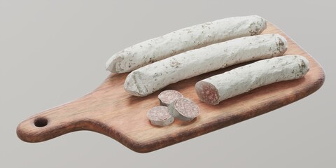 Three cured sausages on a wooden cutting board.