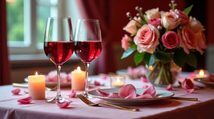 Romantic Dinner Setting with Rose Petals and Candles