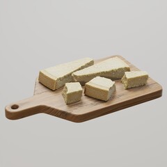 Sliced halvah on a wooden cutting board.