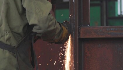 Metalworker using a grinder on metal structure in industrial workshop with sparks