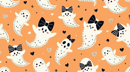 Cute halloween seamless pattern with cartoon ghosts and bows for festive backgrounds