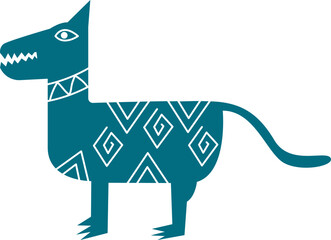 Stylized illustration of a teal-colored mythical canine with geometric patterns and sharp teeth.
