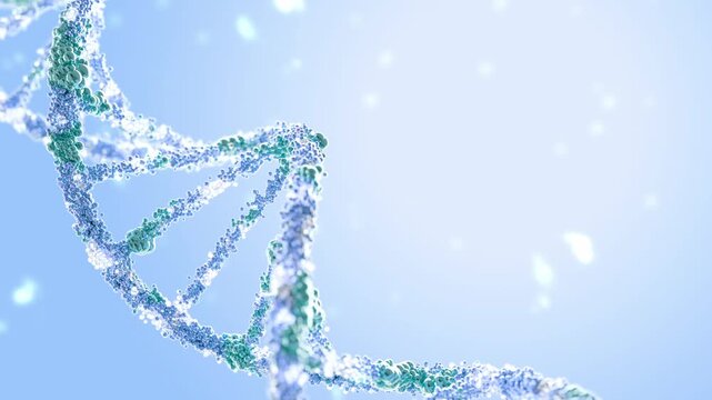 DNA molecule blue-green color animation seamless looping. Bubbles moving in background. Suitable for use as background in science or medicine or cosmetic industry. 3D Render.