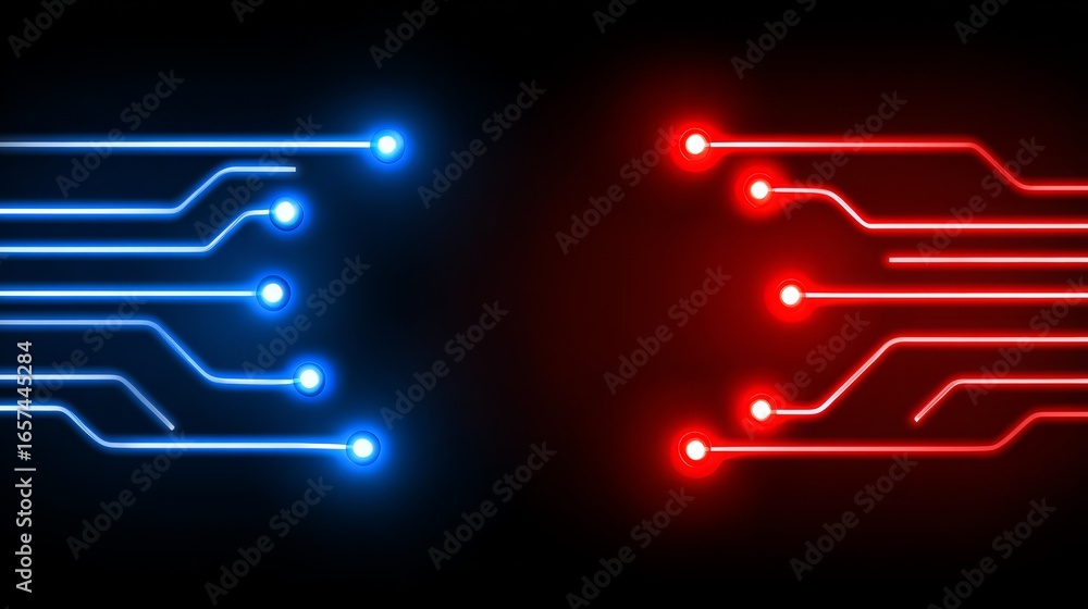 Aufkleber a futuristic digital landscape featuring two glowing circular circuit boards with vibrant red and bl