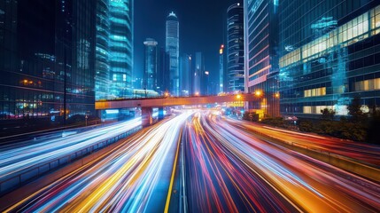 Fototapeta premium Long exposure of city street with light trails from cars and tall buildings at night in shanghai china