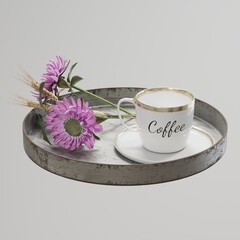 Elegant coffee cup with purple flowers on a tray.