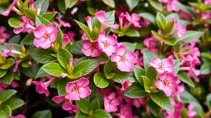 Obraz premium Close up of weigela florida showcasing its vibrant pink flowers, adding a touch of elegance to a spring garden