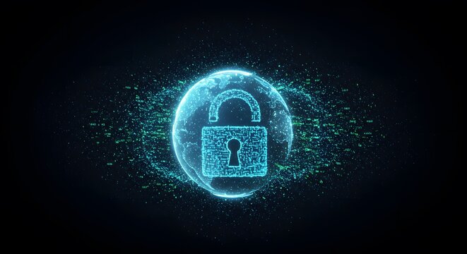 Global Cybersecurity Concept with Digital Padlock on Abstract Earth