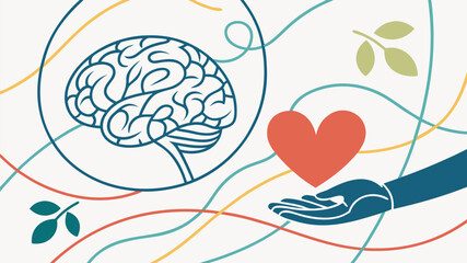 World Mental Health Day Vector Illustration – Brain, Heart, and Hand in Flat Design