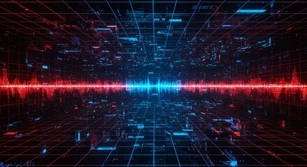 Dynamic glowing digital grid with vibrant waveform pulses creates an immersive futuristic data flow, perfect for tech and innovation concepts