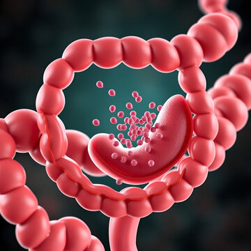 Cryptosporidiosis, a diarrheal disease caused by Cryptosporidium parvum protozoan. 3D illustration showing release of parasite sporozoites from oocyst inside small intestine