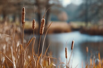 Naklejka premium Close-up of brown cattail plants with a blurred water background. Nature scene for ecology and outdoor concepts.