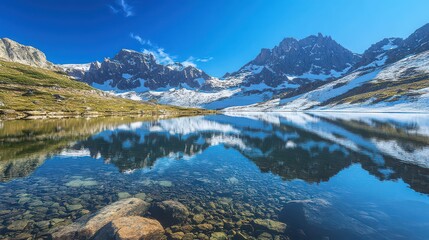 A scenic view of a clear lake reflecting snow capped mountains under a bright blue sky above water
