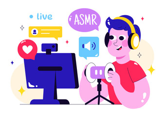 ASMR Lifestyle Vector Illustration Featuring Young People Recording ASMR Sounds to Create Social Media Content in a Flat Style Cartoon Background