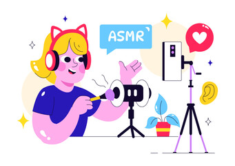 ASMR Lifestyle Vector Illustration Featuring Young People Recording ASMR Sounds to Create Social Media Content in a Flat Style Cartoon Background