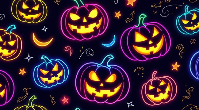 Seamless halloween pattern with neon pumpkins, stars and moons on dark background