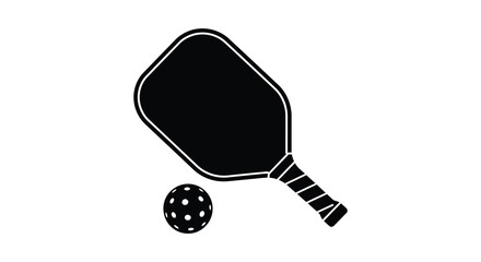 Black and white illustration of a pickleball paddle and ball silhouette