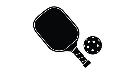 pickleball paddle and ball in simple black and white illustration style silhouette