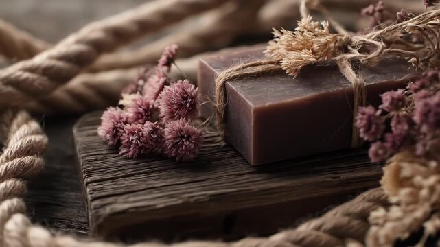 Artisanal soap with dried flowers & twine on wood beside rope