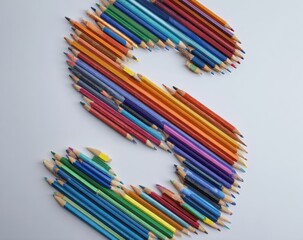 Fototapeta premium Colorful Pencils Arranged in the Shape of a Letter S on a White Background for Artistic and Creative Design