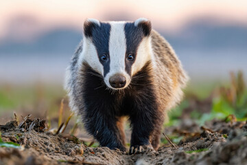 European Badger with sunset in background