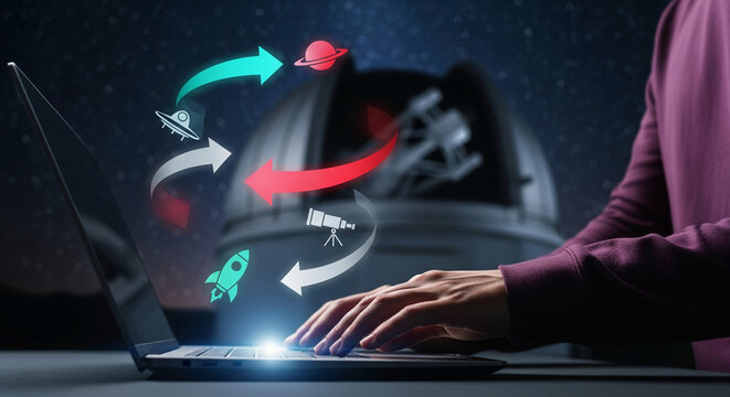 Digital gateway to the universe, showcasing a person using a laptop for astronomy research with icons for space exploration and science.