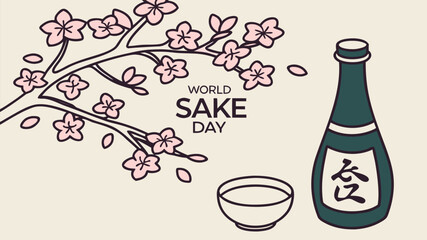 World Sake Day Vector Illustration - Elegant Sake Bottle and Cup with Cherry Blossoms in Japanese-Inspired Flat Design © Thejan