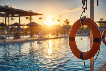 Sunset poolside, life preserver