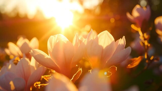 Beautiful magnolia blossoms in sunlight