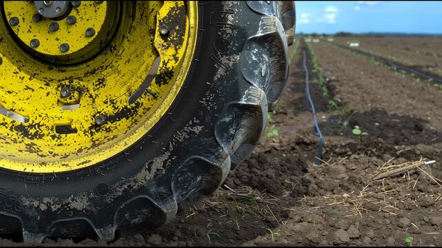Close-up view of a tractor tire on agricultural land showing rows of seedlings growing in soil, emphasizing modern farming, mechanization, irrigation, and sustainable cultivation practices under a bri