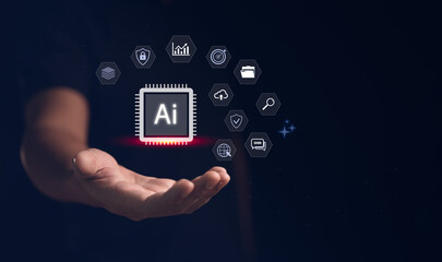 Fototapeta premium Futuristic AI chip technology with human hand holding digital processor, symbolizing artificial intelligence, cloud computing, big data, cybersecurity, and innovation for business solutions.