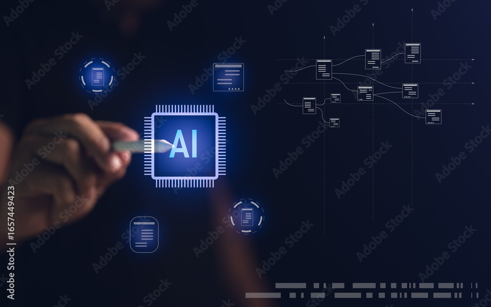 Poster futuristic artificial intelligence concept with glowing data streams, neural network connections, an